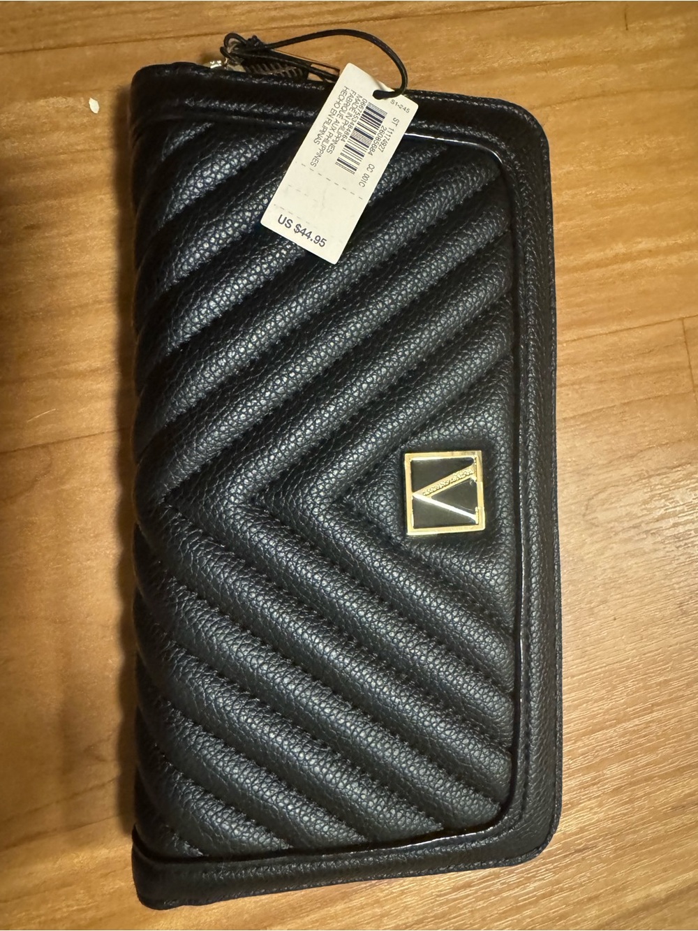 Black Quilted Zip Wallet with Gold Accent